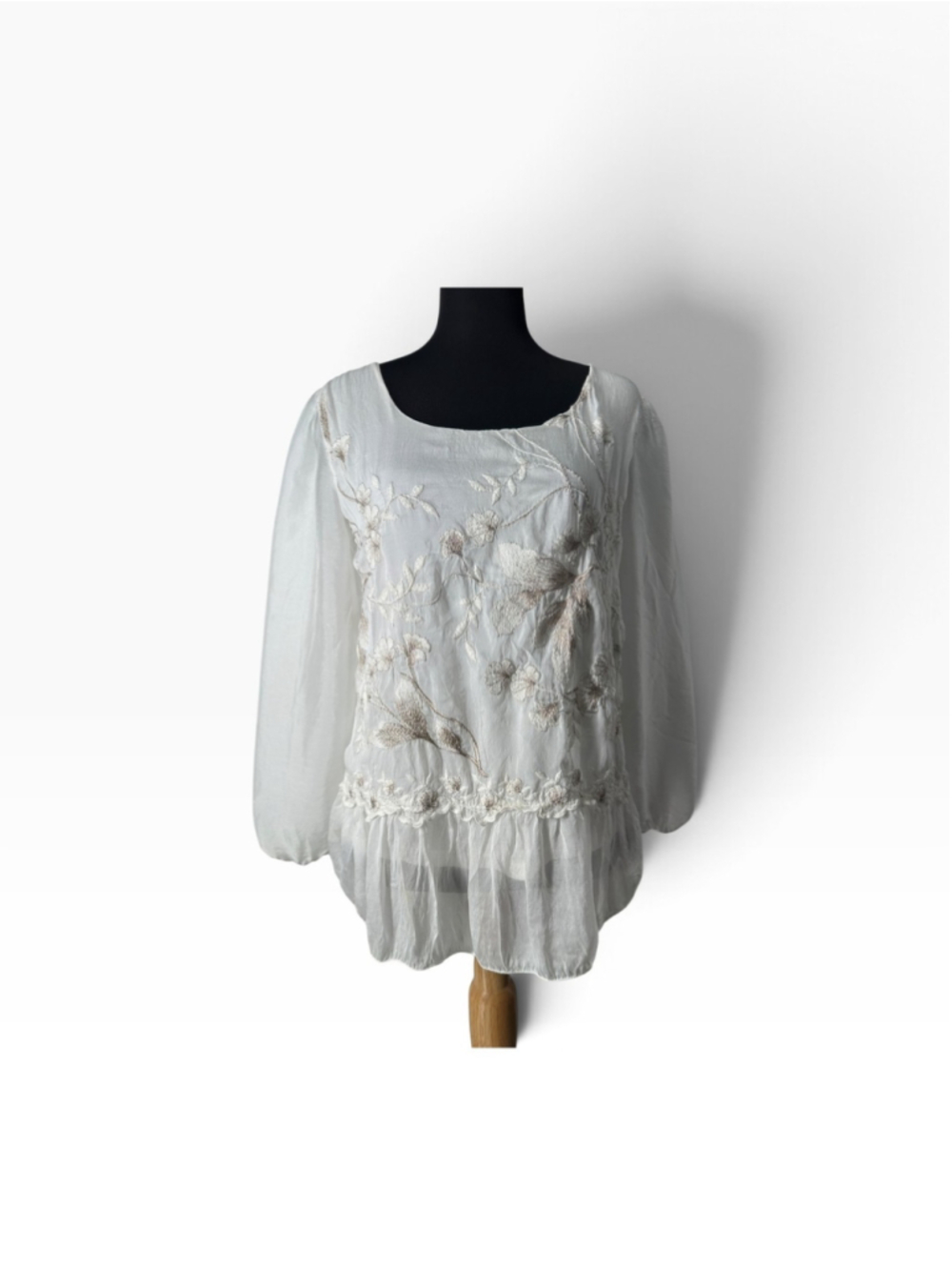Elena Baldi Top Womens S White Silk Viscose Embroidered metallic Floral Tunic